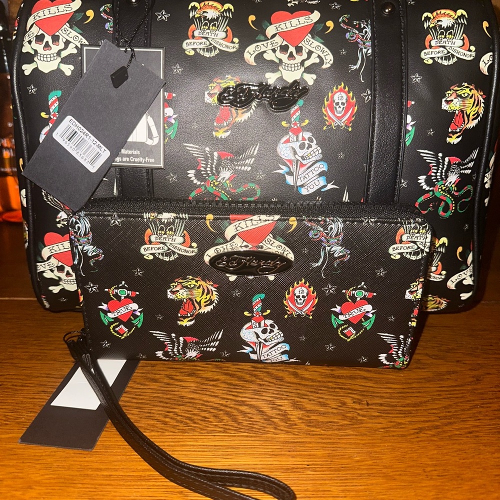 Ed Hardy Black with Bold Tattoo Design satchel with wallet set